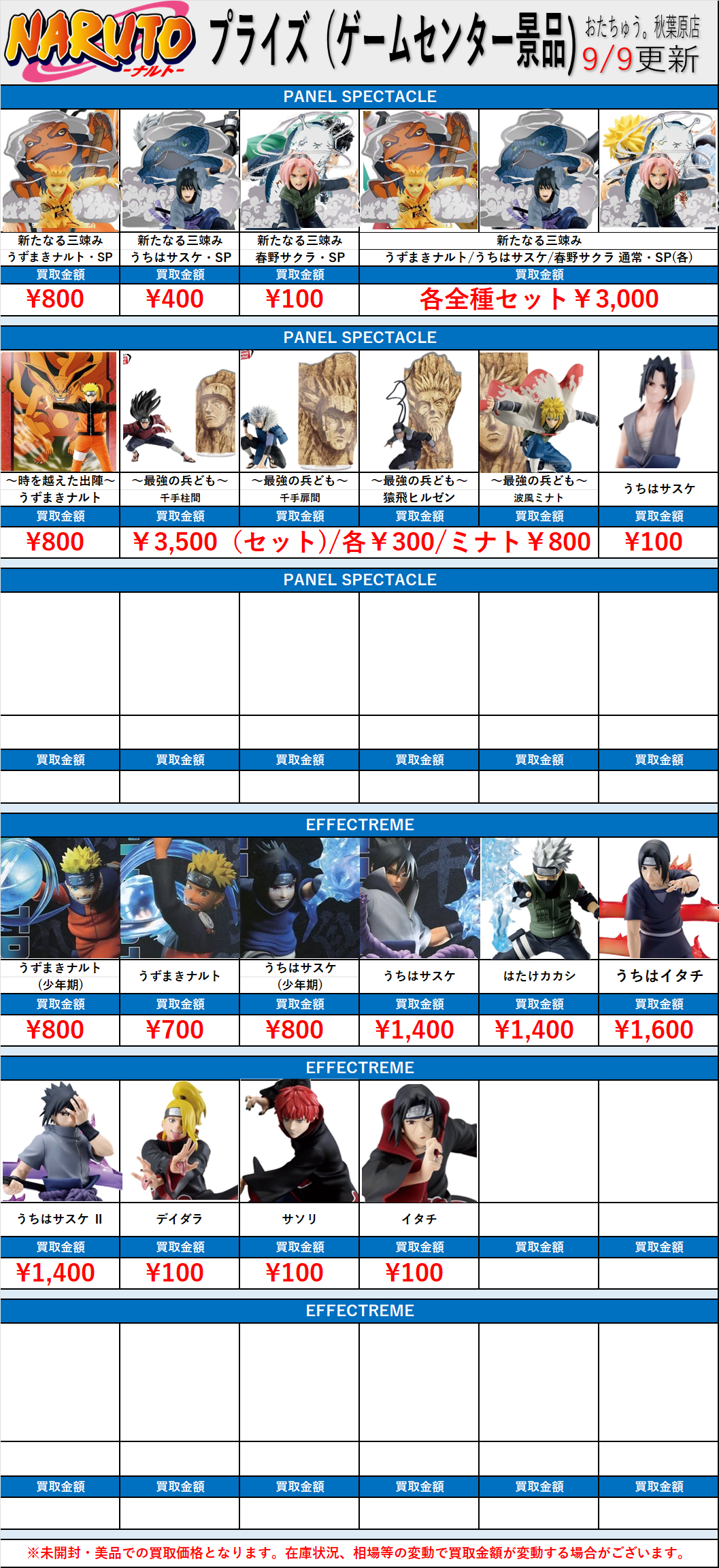 ナルト-NARUTO- プライズフィギュア(ゲームセンター景品)買取表