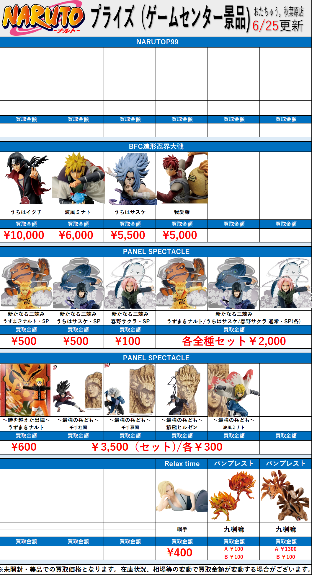 ナルト-NARUTO- プライズフィギュア(ゲームセンター景品)買取表
