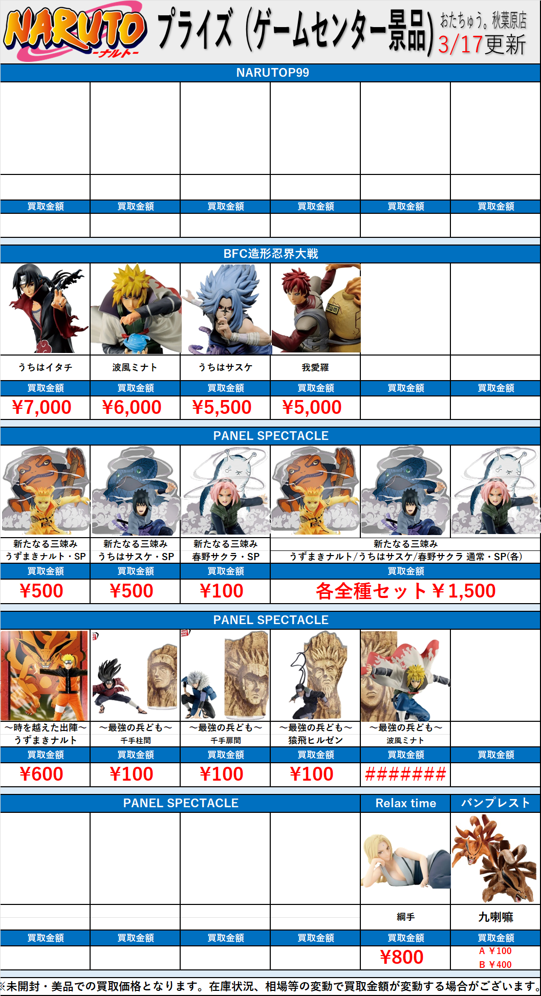 ナルト-NARUTO- プライズフィギュア(ゲームセンター景品)買取表