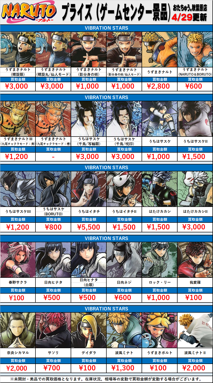 ナルト-NARUTO- プライズフィギュア(ゲームセンター景品)買取表 ナルト-NARUTO- プライズフィギュア(ゲームセンター景品)買取表