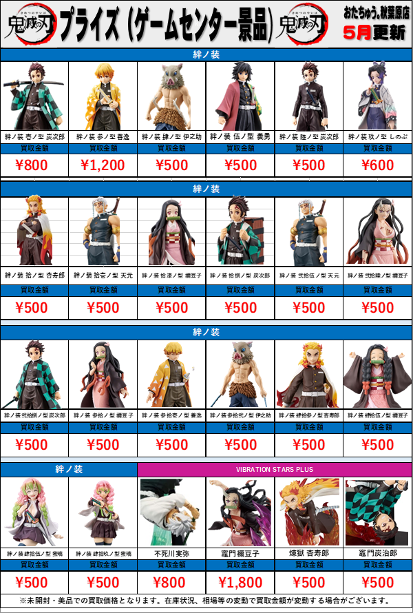 鬼滅の刃 プライズ(ゲームセンター景品)買取金額 全国対応の宅配