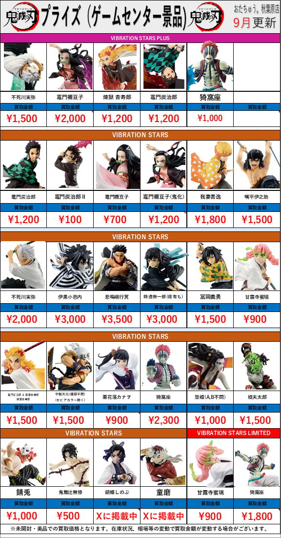 鬼滅の刃 プライズ(ゲームセンター景品)買取金額 全国対応の宅配