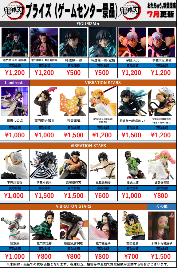 プライズ景品 まとめ売り ⑴ 鬼滅の刃 プライズ(ゲームセンター景品)買取金額 全国対応の宅配