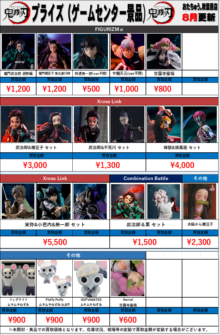 鬼滅の刃 プライズ(ゲームセンター景品)買取金額 全国対応の宅配
