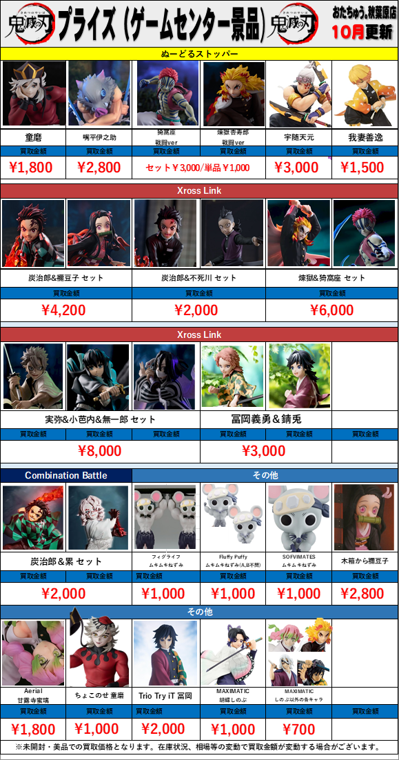 鬼滅の刃 プライズ(ゲームセンター景品)買取金額 全国対応の宅配