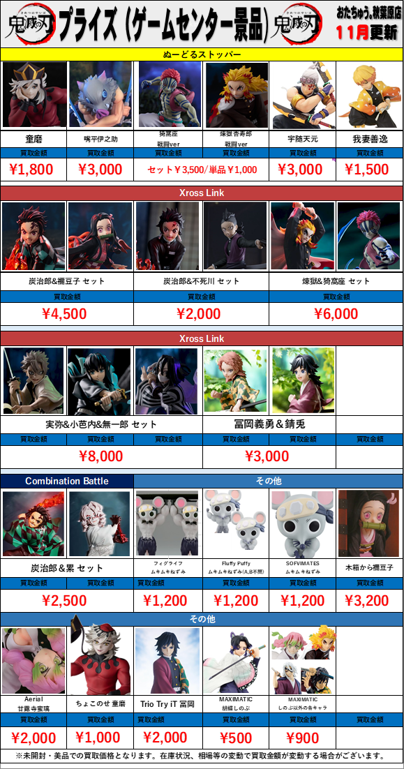 鬼滅の刃 プライズ(ゲームセンター景品)買取金額 全国対応の宅配買取