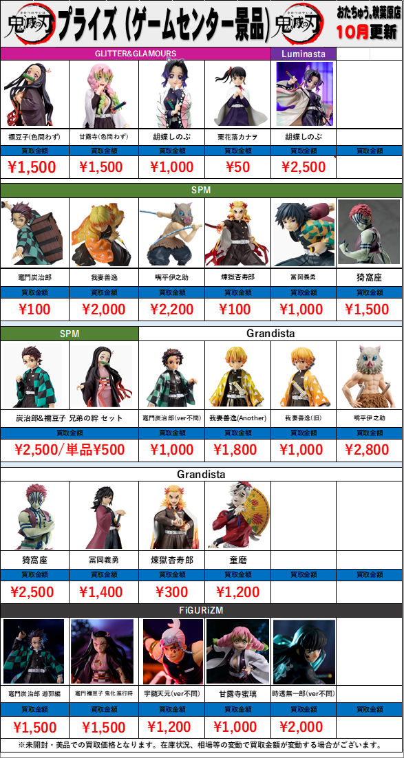 鬼滅の刃 プライズ(ゲームセンター景品)買取金額 全国対応の宅配
