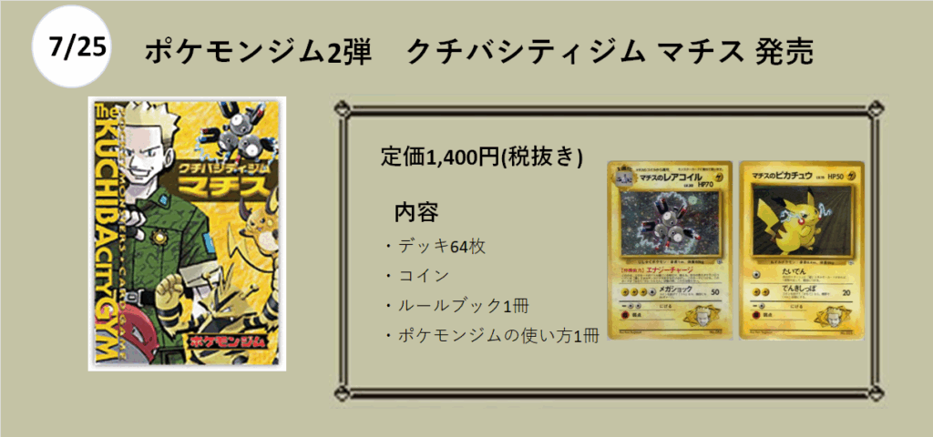 7月25日発売
ポケモンジム第2弾　クチバシティ　マチス　
1400円
