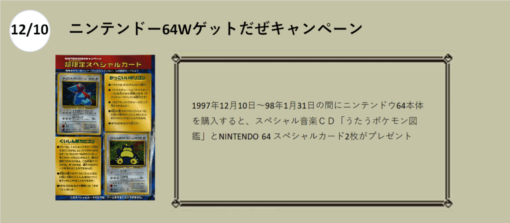 12月10日
ニンテンドー64Wゲットだぜキャンペーン

カッコいいポリゴン
くいしんぼカビゴン
