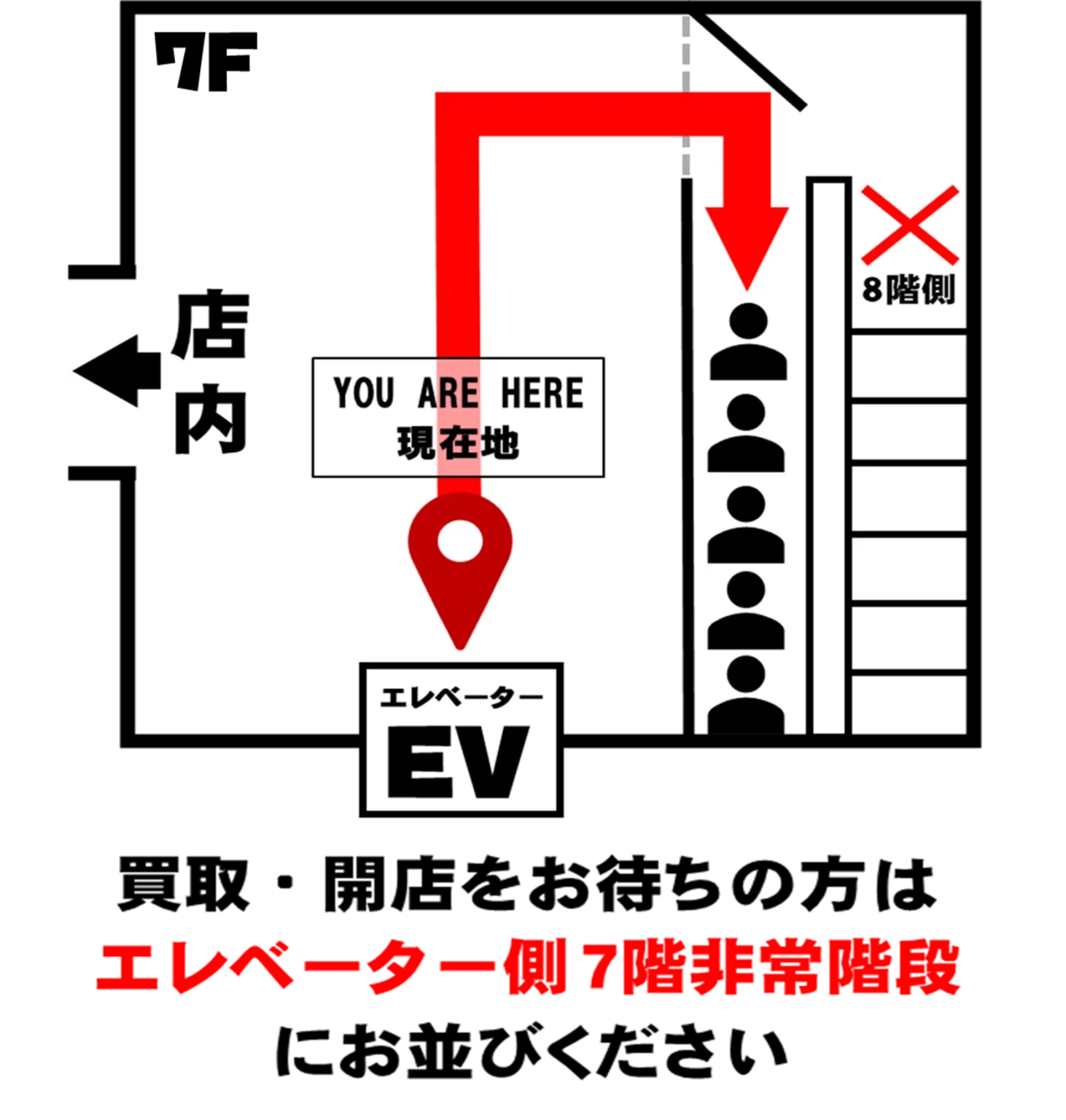 買取・開店待ちの並び方（7階非常階段）